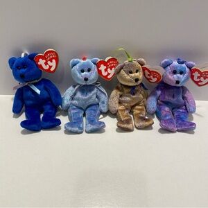 Ty Beanie Babies Multicolor Plush Bear Set Blue, Light Blue, Gold, Purple 4toys